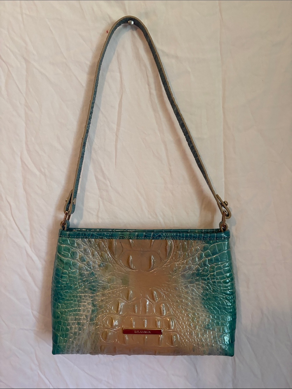 Brahmin Teal-to-Tan Ombre Croc-Embossed Shoulder Bag worn once